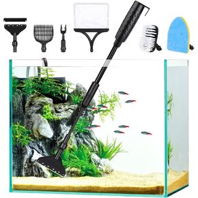 AQQA Aquarium Cleaning Tools Multifunctional 6-in-1 Fish Tank Cleaning Kits with Telesopic Handle Alage Scraper Sponge Scrubber Stiff Brush Plant Fork Gravel Rake Fish Net