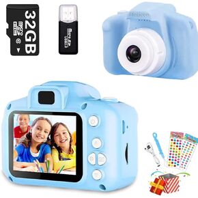 Kids Camera, Children Digital Video Camera for Toddler, Christmas Birthday Gift for Boys and Girls, Toy Camera for 3-12 Year Old Kids with 32GB Card, Reader Card, Stickers-Blue