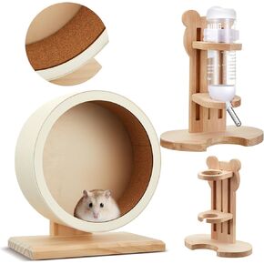 2 Pcs 7.9" Wooden Hamster Wheels and Hamster Water Bottle Set Guinea Pig Running Silent Exercise Wheels Small Animal Water Dispenser Stand Holder for Guinea Pig Gerbil