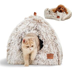 CATISM Cat Bed, Cat Cave for Indoor Cats, Soft Cat Dome, Self-Warming 2 in 1 Foldable Pet Cat House with Washable Cushioned Pillow Calming Fluffy Dog Beds for Small Dogs with Anti-Slip Bottom Brown L