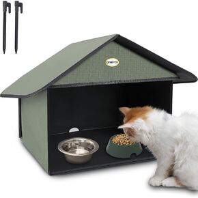 Dreyoo Outdoor Cat Feeding Station for Food & Water, Weatherproof Outdoor Kitty Dining Room Outdoor Cat Shelter for Stray, Feral Cats and Community Cats, 13"d x 17"w x 15.5'h(Dark Green)