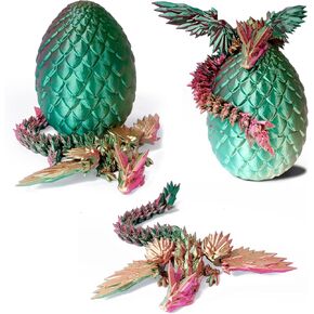 3D Printed Flying Dragon in Egg - Dino Easter Egg with 9" Winged Dragon Inside, Colorful Fidget Toy, Birthday Gift, Flexible Desk Pet Figure (Green Fuchsia Gold)