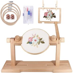Adjustable Embroidery Hoop Stand,Embroidery Kit with 4pcs Different Size Embroidery Hoops,1 Embroidery Tool Kit,1 Pair of Thimbles,Wooden Embroidery Hoop Holder for Beginners.