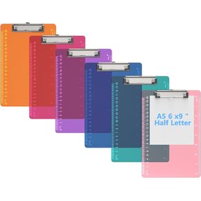 Bulk A5 Clipboards Set of 6, Colored Clear Clip Board with Ruler, Suitable for Classroom, Students, Kid, Size 6" x 9" with Low Profile Clip, Office & School Supply