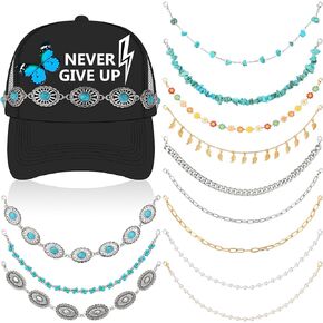 Tondiamo 12 Pcs Trucket Hat Chains Turquoise Metal Pearl Hat Chain Decorations DIY Mesh Baseball Cap Brim Necklace Purse Decor Accessories