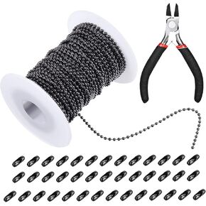 Mudder 65 Feet Stainless Steel Chains, 2.4mm Bead Link Chain with 40 Ball Connector Clasp and Plier for Necklace Hanging Ornament Key Chain Dog Pet Tags(Black)