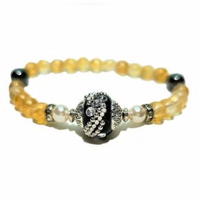 Bracelet of Abundance Gemstones Citrine + Hematite + South Sea Pearls + Crystals Spacer + Big Black Clay Bead w/Rhinestones Exclusively Handmade by Yoga Girl USA (citrine)