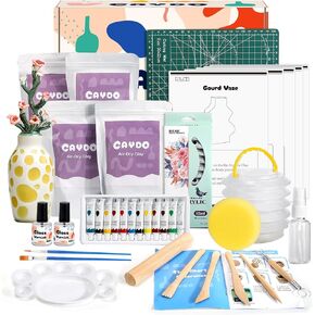 Caydo Air Dry Clay Pottery Kit for Beginners and Adults - 4.4 Lbs Air Dry Clay DIY Craft Set with Tools, Acrylic Paints, Varnish, Clay Stick, Paintbrushes and Step-by-Step Guide - Ideal Pottery Gift