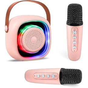 Mini Karaoke Machine for Kids Adults: Portable Bluetooth Speaker with 2 Wireless Microphones - Fun Christmas Birthday Gifts Toys for Girls Boys Teens Ages 4 5 6 7 8 9 10 11 12 Year Pink