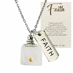 Mustard Seed Necklace for Women Men, Faith Jewelry, Christian Gifts, Long Chain Stainless Steel, Handmade Glass Wish Bottle Necklace (02 Glass Cube)
