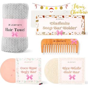 Bath Set for Women Christmas Beauty Spa Relaxation Kit: Includes Rice Shampoo Bar, Body Wash Bar, Soap Bar Holder, Wide-Tooth Hair Comb, and Microfiber Hair Towel – Perfect Bath Xmas Gifts for Women