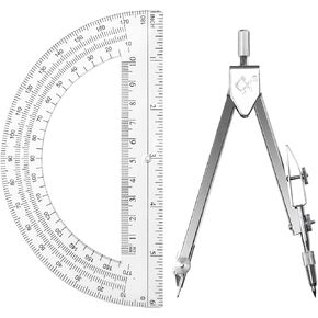 Students Geometry Math Set, Drawing Compass and 6 Inch Transparent Swing arm Protractor 180 Degree Math Protractor