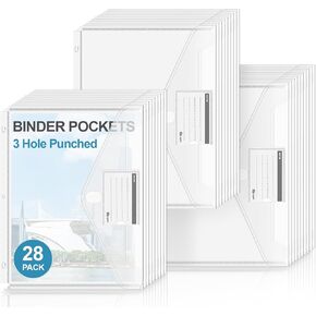 28Pack Binder Pocket,Letter Size Plastic Envelopes for 3 Ring with Hook and Loop Closure,7 Colors Document Plastic File,High Capacity Binder Pouch with Label for School,Home and Office