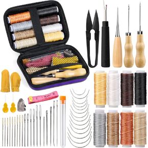 Tikjiua 54Pcs Upholstery Repair Sewing Kit, 8Pcs Waxed Thread, Leather Sewing Needles, Stitching Awl, Thimble, Heavy Duty Upholstery Repair Kit for Carseat Backpack Carpet Boots Shoes Canvas Sofa