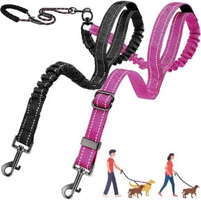 Double Leash for Two Dogs, No Tangle 360° Swivel Dual Dog Leashes with 4 Handles, Super Lightweight for Puppy, Reflective Adjustable Strap and Shock Absorbing Bungee