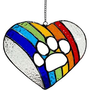 Rainbow Bridge Dog Memorial Gifts – Stained Glass Heart Paw Print Suncatcher for Loss of Dog Sympathy Gift, Pet Remembrance and Dog Passing Away Gifts