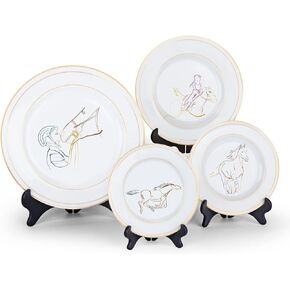Ceramic Dish Plate Set for Horse Lovers, Horse-Themed Serving Dishes Decorative Snack and Dinner Plates 4PCS 12in, 10.5in, 8in, 7in Cerámica for Dining Glossy White Dishes,Dishwasher Safe