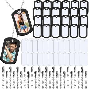 Yinkin Sublimation Blank Dog Tag Set Aluminum White Stamping Double Sided Blank Metal Pendants with Military Silicone Dog Tag Silencer with 23.6 Inch Chain for DIY(24 Sets)