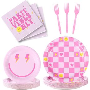 160Pcs Preppy Smile Face Party Tableware Set Pastel Party Paper Plates Napkins Preppy Smile Face Dinnerware for Birthday Party Baby Shower Decoration Serve 40 Guest