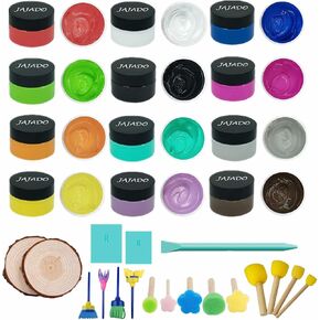 30pcs Art Craft Project Kit with 12 Jars Chalk Paste Paint, 13pcs Sponge Brush Paint Tool, 3pcs Screen Print Squeegee and 2pcs Wood Slice, Adhesive Stencil Paint on Wood, Fabric, Cup, DIY Home Decor