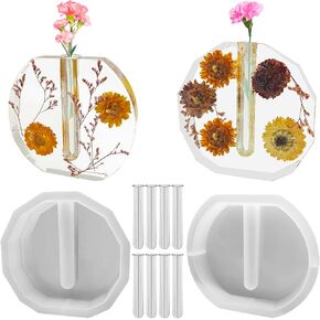 Large Resin Silicone Molds, DaKuan 2 pcs Silicone Vase Molds for Epoxy Resin, Polygonal and Elliptical Planters with 8 Tubes, for Flower Preservation, Hydroponics, Wedding, Valentine's Day, Ornaments