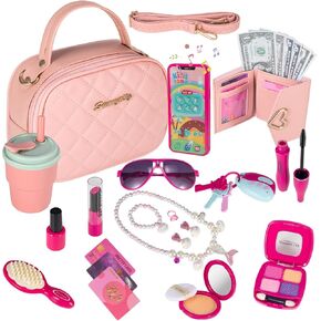 Play Purse for Little Girls, Toddler Purse with Accessories and Pretend Play Makeup Kit, My First Purse Set Includes Pink Handbag, Wallet, Toy Phone, Kids Toy, Christmas Birthday Gift Set for Age 3+