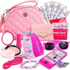 Little Girls Play Purse and Pretend Makeup Kit, Princess Toy Cell Phone Fake Makeup Handbag Wallet Sunglasses Keys Credit Card Play Makeup, Pink Toys Pretend Play Gift Toys for Girls Toddlers Age 3+