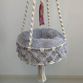 MACRAME CAT HAMMOCK مع سرير مستدير فروي ، سرير قطة معلقة يدويًا للديكور الداخلي في الهواء الطلق ، أسرّة أرجوحة للقطعة للتسلق والنوم المتسكع