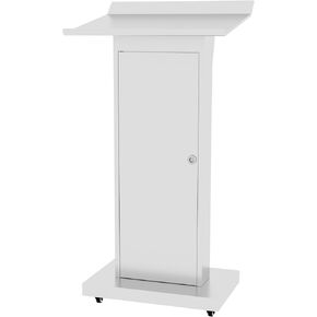 Podium Stand with 4 Locking Wheels, Lecterns & Podiums for Church School Office Conference Home, Heavy Duty Metal, Large Storage Area, Slant Desktop, 50.4" H, White
