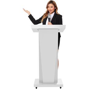 Podium Stand with 4 Locking Wheels, Lecterns & Podiums for Church School Office Conference Home, Heavy Duty Metal, Large Storage Area, Slant Desktop, 50.4" H, White