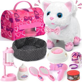 Golray Cat Toys for Kids Girls Gift, Electronic Interactive Plush Toy Cat Can Walk and Meow - 16 Pcs Carrier & Pet Groom Feed Care Pretend Play Set, Birthday Gift for Toddler Little Girl 3 4 5 6 7 8 9