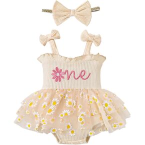 SUNNY PIGGY Newborn Infant Baby Girl Clothes Summer Sleeveless Rompers Dress with Headband First Birthday Outfit