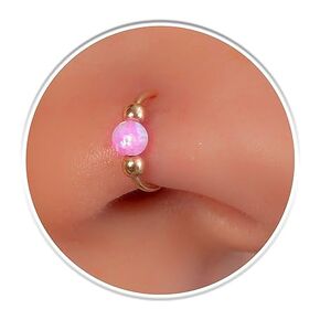 Opal Gold Nose Ring Pink Gemstone 20 Gauge 14k Gold-Filled Nostril hoop Jewelry Handmade Adjustable And Multi0Use Piercing