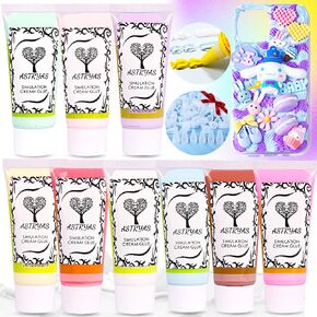 ASTRYAS Simulation Fake Whipped Cream Glue, 9PCS 50g Decoden Cream Clay Glue DIY Phone Case Kit Silicone Cream Adhesive Set with 14 Plastic Decorating Mouth for Fall Craft DIY Handmade Decor