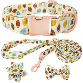 Dog Collar and Leash Set Girls Adjustable Puppy Collars with Floral Bow Tie for Small Medium Large Female Dogs, Blue Flower, XS