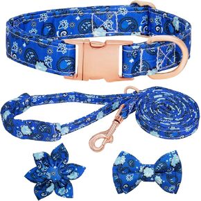Dog Collar and Leash Set Girls Adjustable Puppy Collars with Floral Bow Tie for Small Medium Large Female Dogs, Blue Flower, XS in Kuwait
