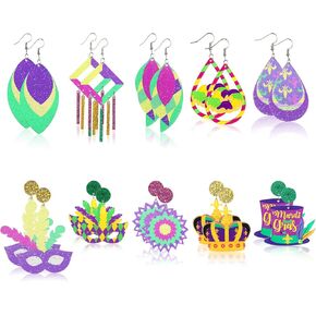 10 Pairs Mardi Gras Earrings Bulk, Acrylic Mardi Gras Themed Glitter Earrings For Masquerades, Mardi Gras Party Decoration, Fat Tuesday Holiday Costume, Carnival Parade