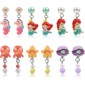 6 Pairs Clip On Earrings for Girls, Cute Clam Shell Mermaid Kids Non-Pierced Earrings Sea Animal Clip On Earring Toddler Women Dress Up Jewelry Perfect Decoration Accessories