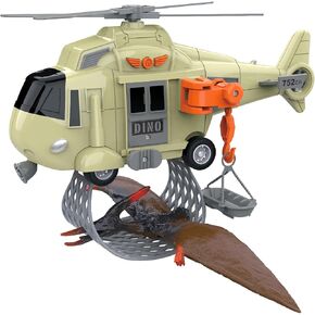 Dino Rescue Helicopter Toy Playset with Pterosaur, Dinosaur Animal Transport Toy Airplane, Lights and Sound Friction Power Rotatable Propeller, Safari Rescue Vehicle Toys for Boys Kids Toddler Gifts
