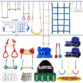FAHKNS Ninja Warrior Obstacle Course Kids - 2 x 65ft Double Slacklines -Plenty of Exciting Obstacle Net Net Rope Ladder Monkey Bars - Ninja Course for Kids Outside, Kids Obstacle Course Backyard