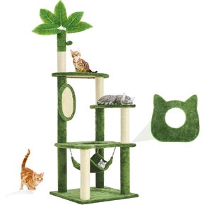 61" Large Cat Tree Tower for Indoor Cats with DIY Green Leaves Scratching Post Multi Soft Hang Ball Plush Cat House Furniture 360° Rotating Cat Scratch Board with Hammock, Green