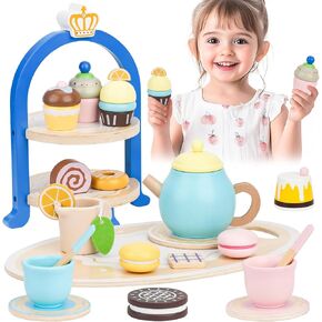 Wooden Tea Sets for Toddlers, Princess Tea Party Set for Little Girls with Cupcake Stand and Food Accessories, Pretend Play Educational Toys for 2 3 4 5 6 Year Old Girl and Boy Birthday Gift
