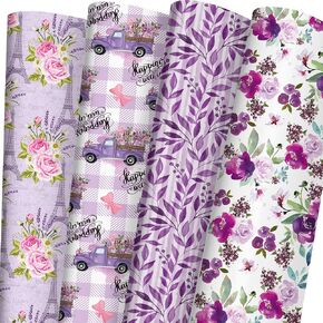 SaringSwoon Purple Flora Wrapping Paper - Wedding Gift Wrap with Flowers, Plaid, Paris Eiffel Tower and Truck for Bridal Shower, Mother's Day, Valentine's Day, Birthday - 20×29 Inches, 8 Sheets