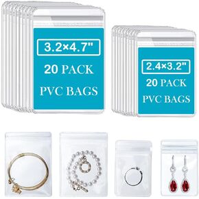 40 Pcs Travel Jewelry Bags, Includes Both 4.7x3.2in and 3.2x2.4in Clear Jewelry Pouch Bags, Anti Tarnish Jewelry Organizer Case Bags for Earrings Rings Necklaces Bracelets for Gift Women