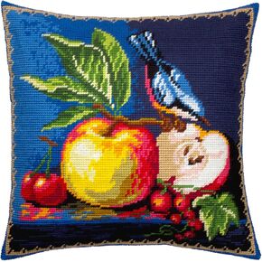 Brvsk Blue Needlepoint Kit for Adults and Beginners — Red-flanked bluetail and Apples 16″ × 16″ with Clear, Precise Printed Design on Cotton Canvas; Includes 2 Needles, Yarn, and Easy-Read Chart