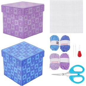 FREEBLOSS 2 Set Plastic Canvas Box Kit Cross Stitch Kit for Beginners Mesh Canvas Sheets and 4 Colors Yarn for Embroidery Crafting, Knitting Projects