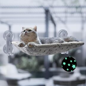 Cordless Cat Window Perch for Large Cats, Glow in The Dark Cat Window Hammock with Hook Design, Easy to Assemble, Foldable Window Seat for Cats Inside, Gray L