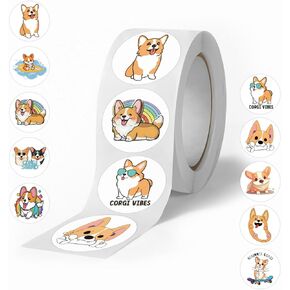 Animals Stickers - 500 Pcs Cartoon Corgi Round Seal Label PVC Decals Vinyl Decoration DIY Funny Creative Decor for KidsTeens Cute Self Adhesive Gift Stickers Envelope Seals Paster Motivational Rewards
