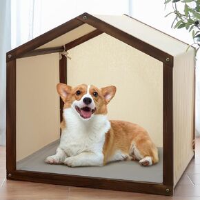 Wooden Dog House, Cabin Dog Kennels for Dogs Indoor and Outdoor Use, Wood Pet House Frame Beige Cover with Grey Cushion and Cover for Playing and Resting