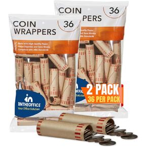 1 intheoffice Quarter Rolls Wrappers ، Wrappers Coin ، أغلفة لفة العملة ، لفائف التغيير ، preformed (2 عبوة)